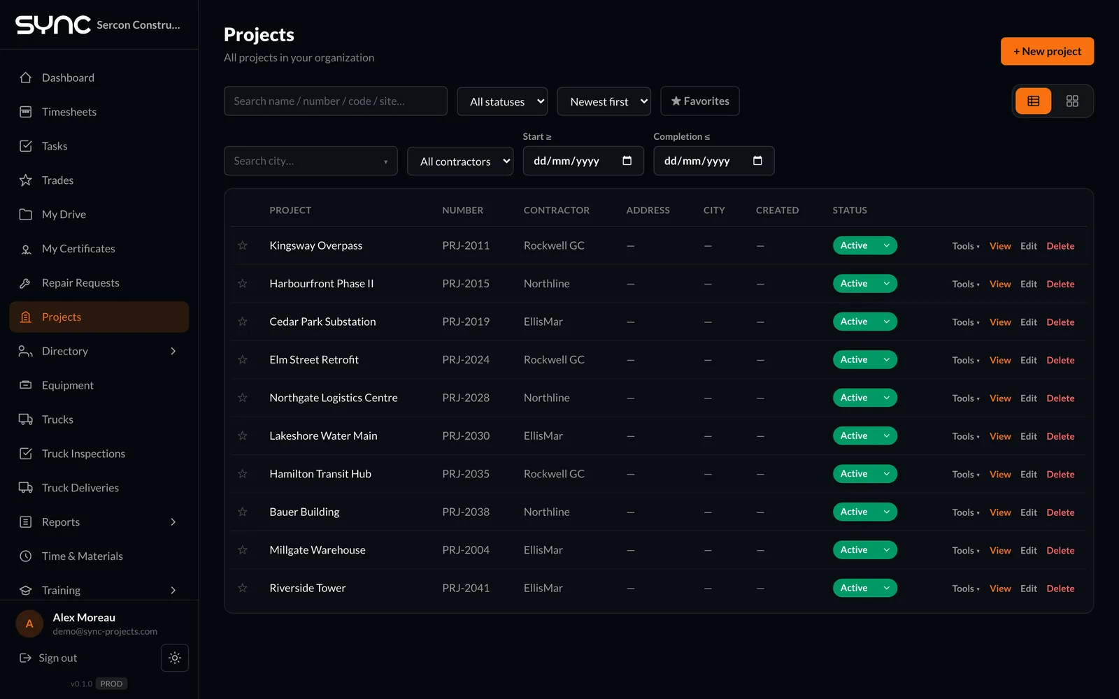 Sync projects list with stage, value and contractor details