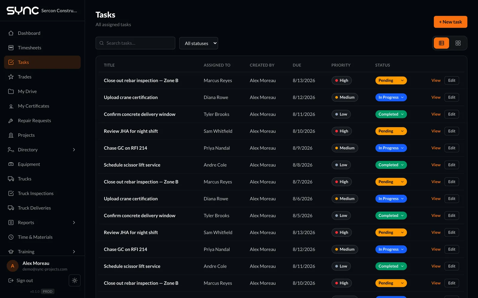 Sync tasks — assignments with due date, priority and status